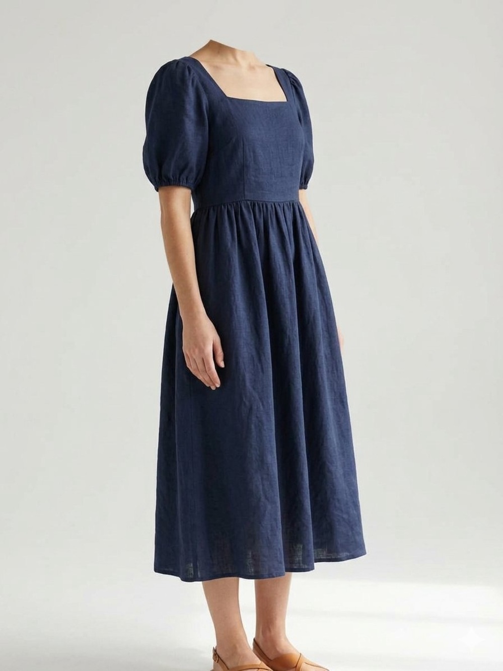 Elegant Navy Puff-Sleeve Midi Dress